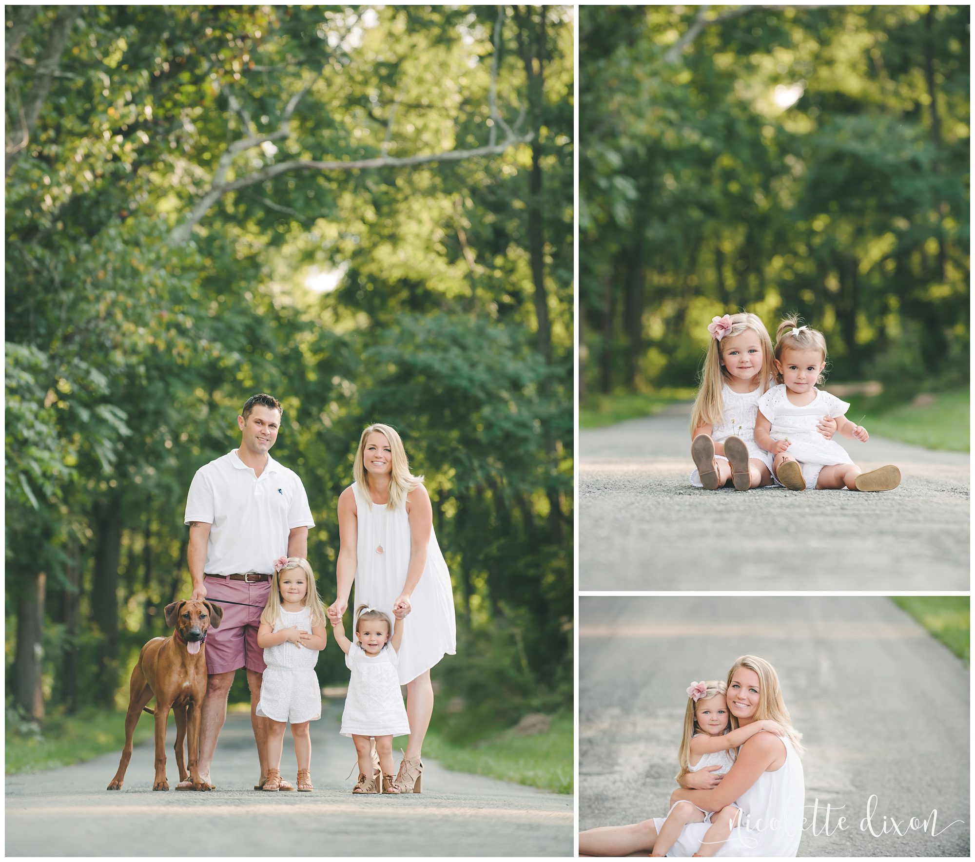 Family standing in the road with their dog near Pittsburgh