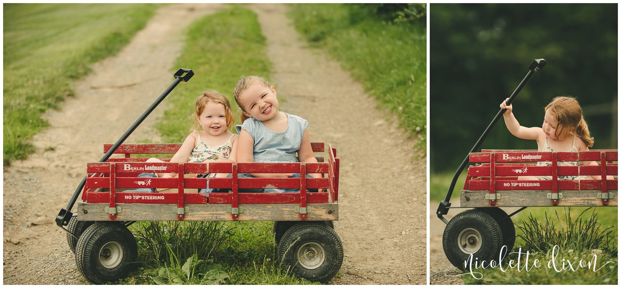 Girls sitting in red wagon on dirt road at Soergel Orchards in Wexford near Pittsburgh