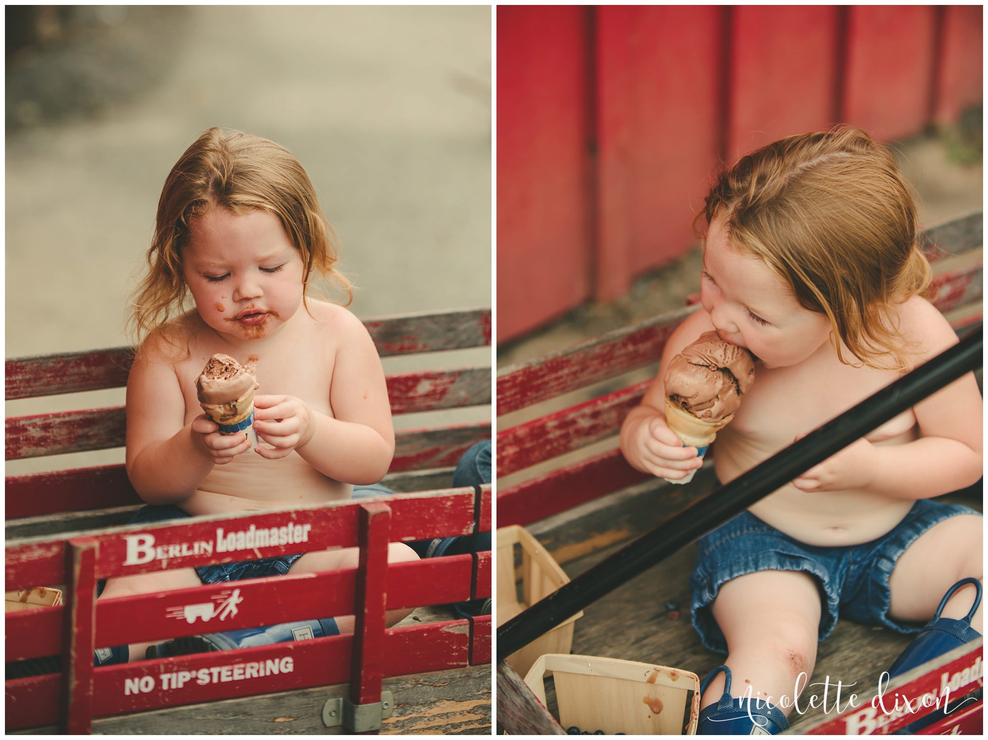 Girl eating ice cream cone in red wagon at Soergel Orchards near Pittsburgh