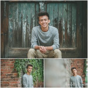 High School Senior Sitting in Front of Green Door in Downtown Pittsburgh