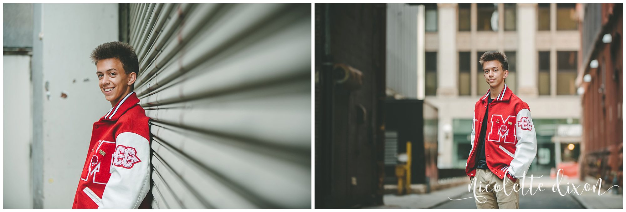 Senior Wearing Letterman Jacket next to a Loading Dock in Downtown Pittsburgh