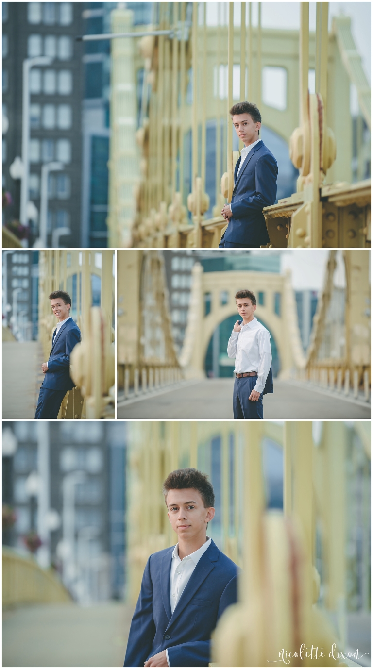 High School Senior Boy Standing in the Middle of the Bridge in Downtown Pittsburgh