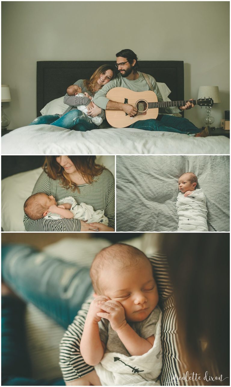 Dad playing guitar while mom holds newborn baby in home near Pittsburgh