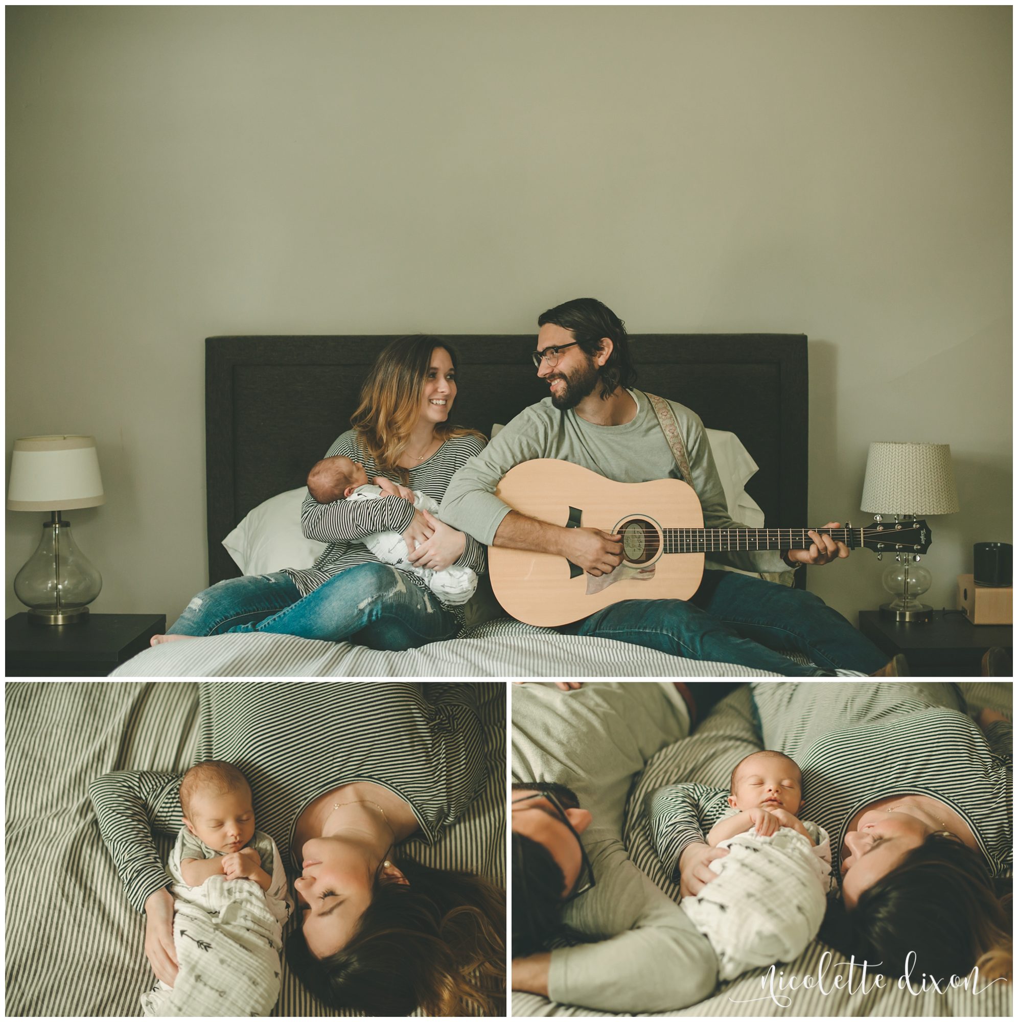 Mom laying on bed with newborn baby in home near Pittsburgh