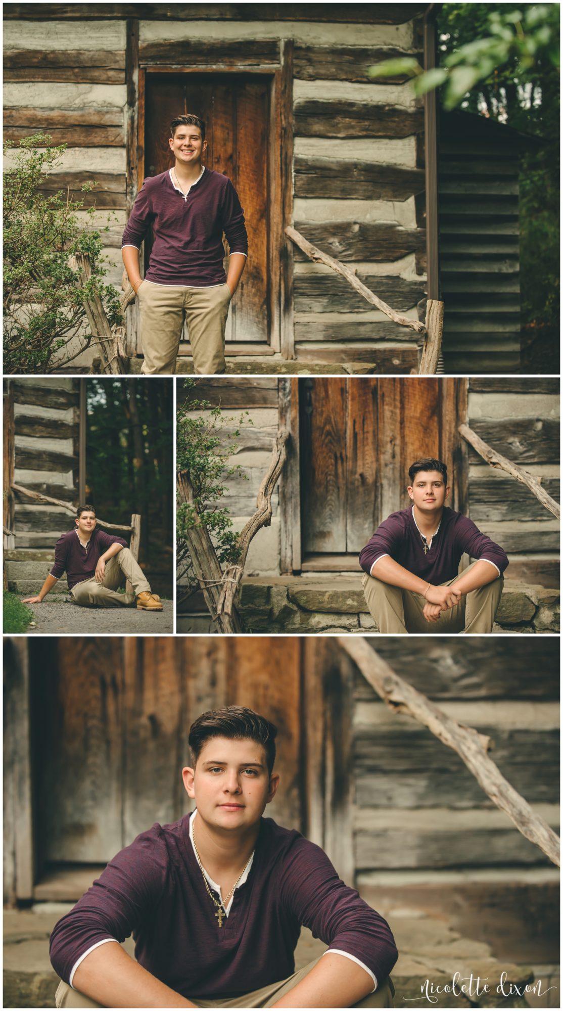 Senior boy sitting next to cabin in Robin Hill park in Moon Township near Pittsburgh