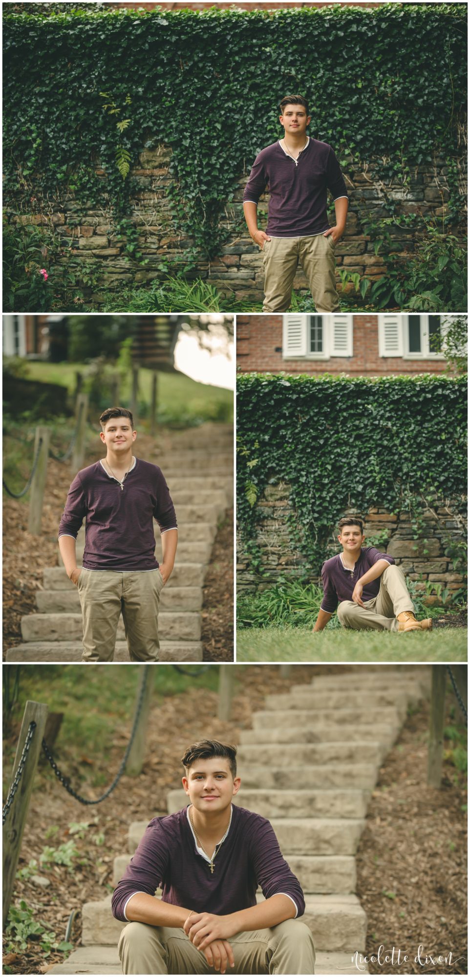 Senior boy standing in front of stone wall at Robin Hill park in Moon Township near Pittsburgh