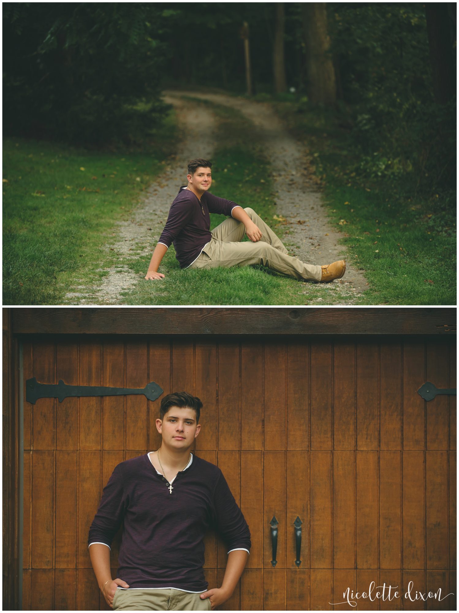Senior boy standing next to wood door in Robin Hill Park in Moon Township near Pittsburgh