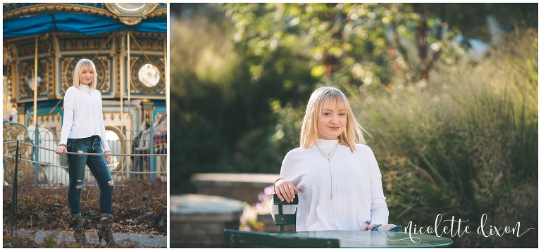 Senior girl standing in front of carousel in Schenley Plaza near Pittsburgh