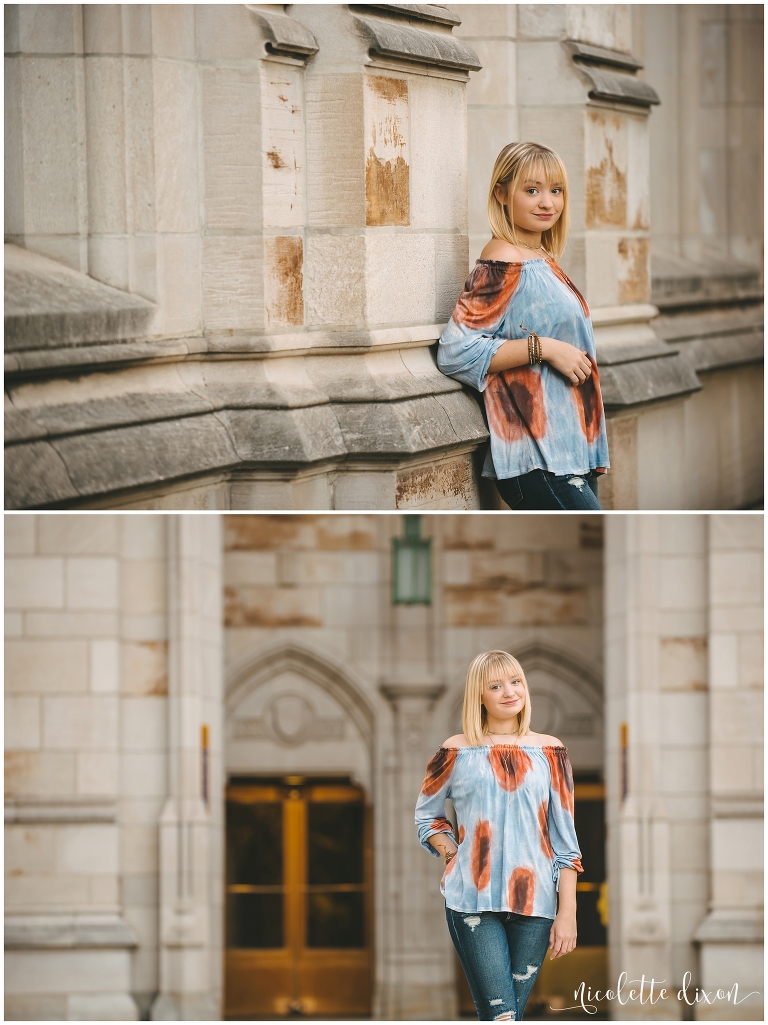 Senior girl standing in front of the Cathedral of Learning at the University of Pittsburgh near Pittsburgh