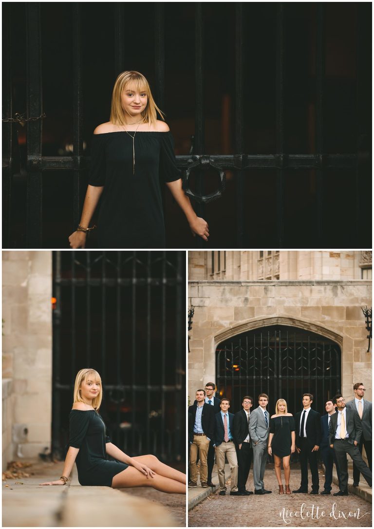 Senior girl standing in front of the Cathedral of Learning with guys at the University of Pittsburgh near Pittsburgh