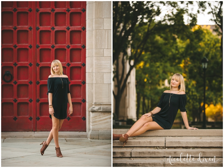 Senior girl standing in front of red door at the Cathedral of Learning at the University of Pittsburgh near Pittsburgh