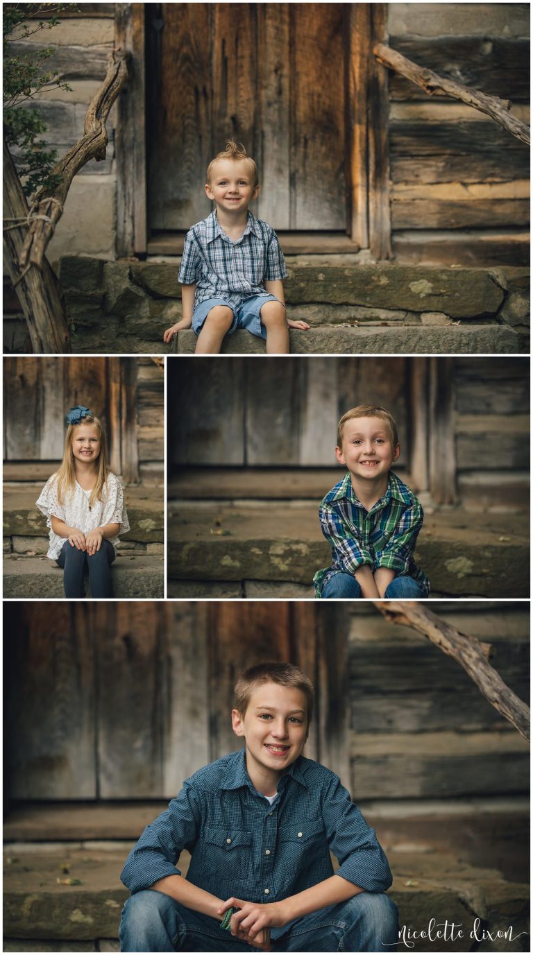 Kids sitting in front of cabin at Robin Hill Park near Pittsburgh