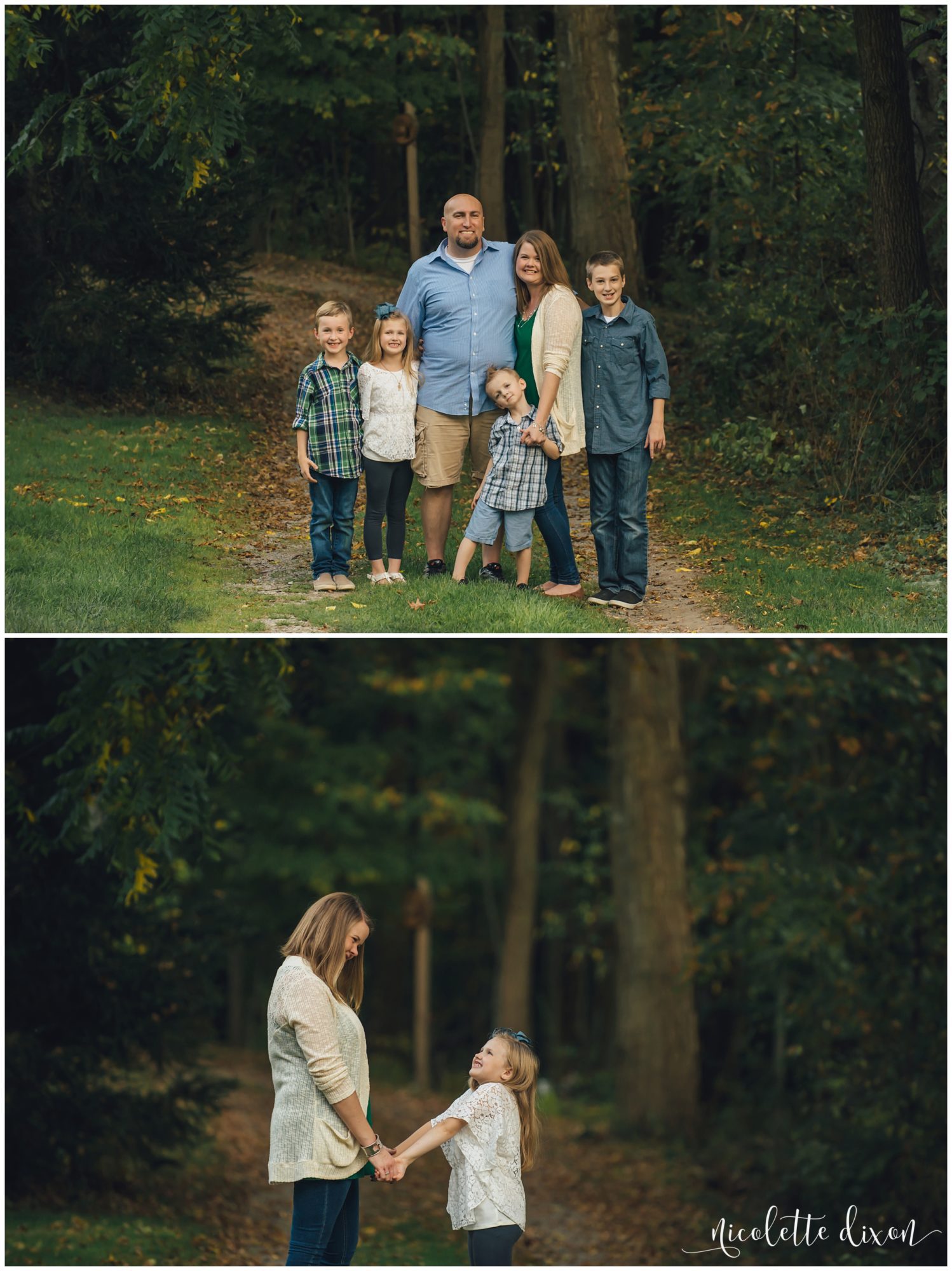 Mom holding her child's hand on path through woods at Robin Hill Park near Pittsburgh