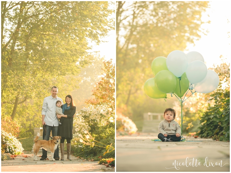 One year old boy sitting next to balloons in Mellon Park near Pittsburgh