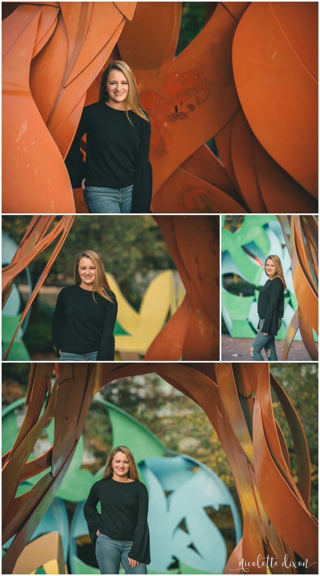 Senior girl standing in sculpture on the North Shore near Pittsburgh