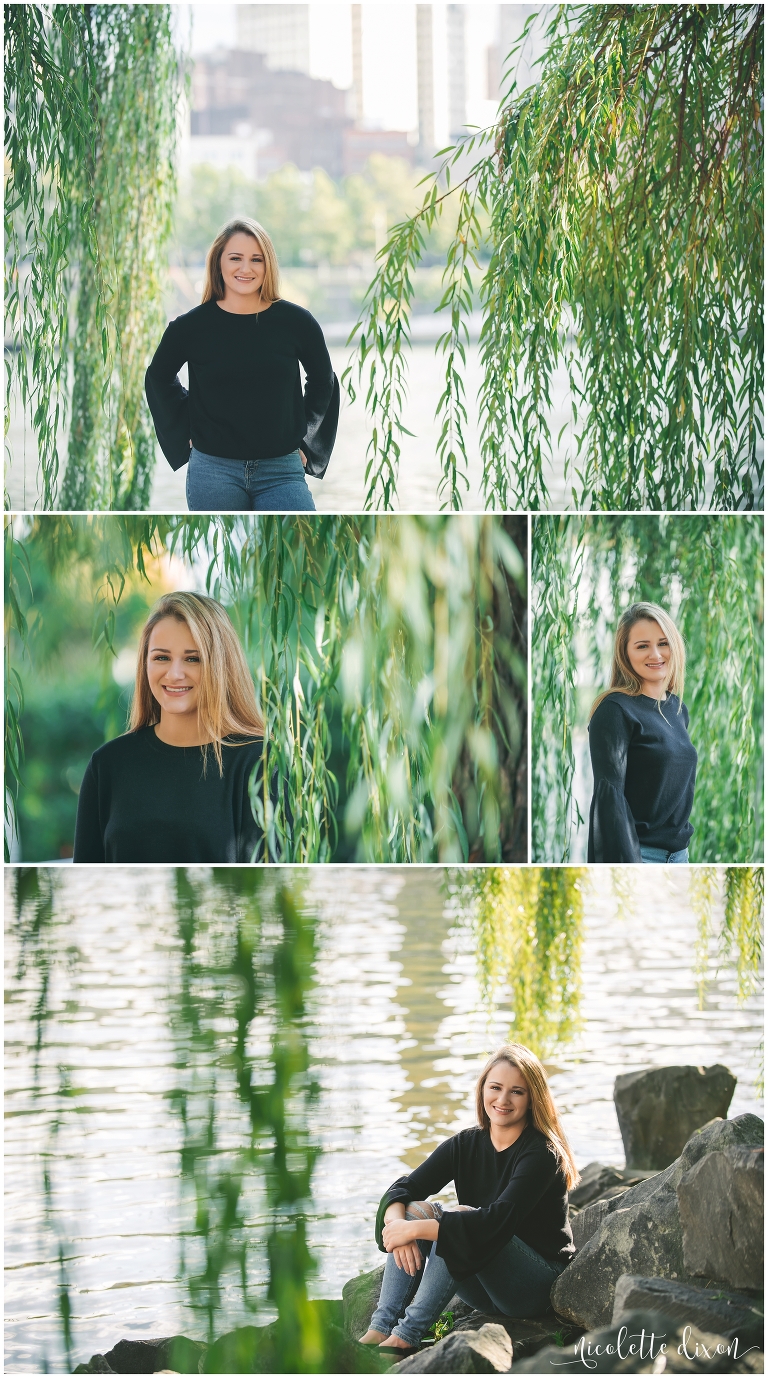 Senior girl standing in a weeping willow tree on the North Shore near Pittsburgh