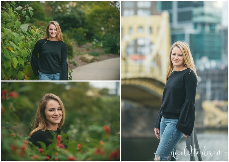 Senior girl standing with the Pittsburgh skyline in the background