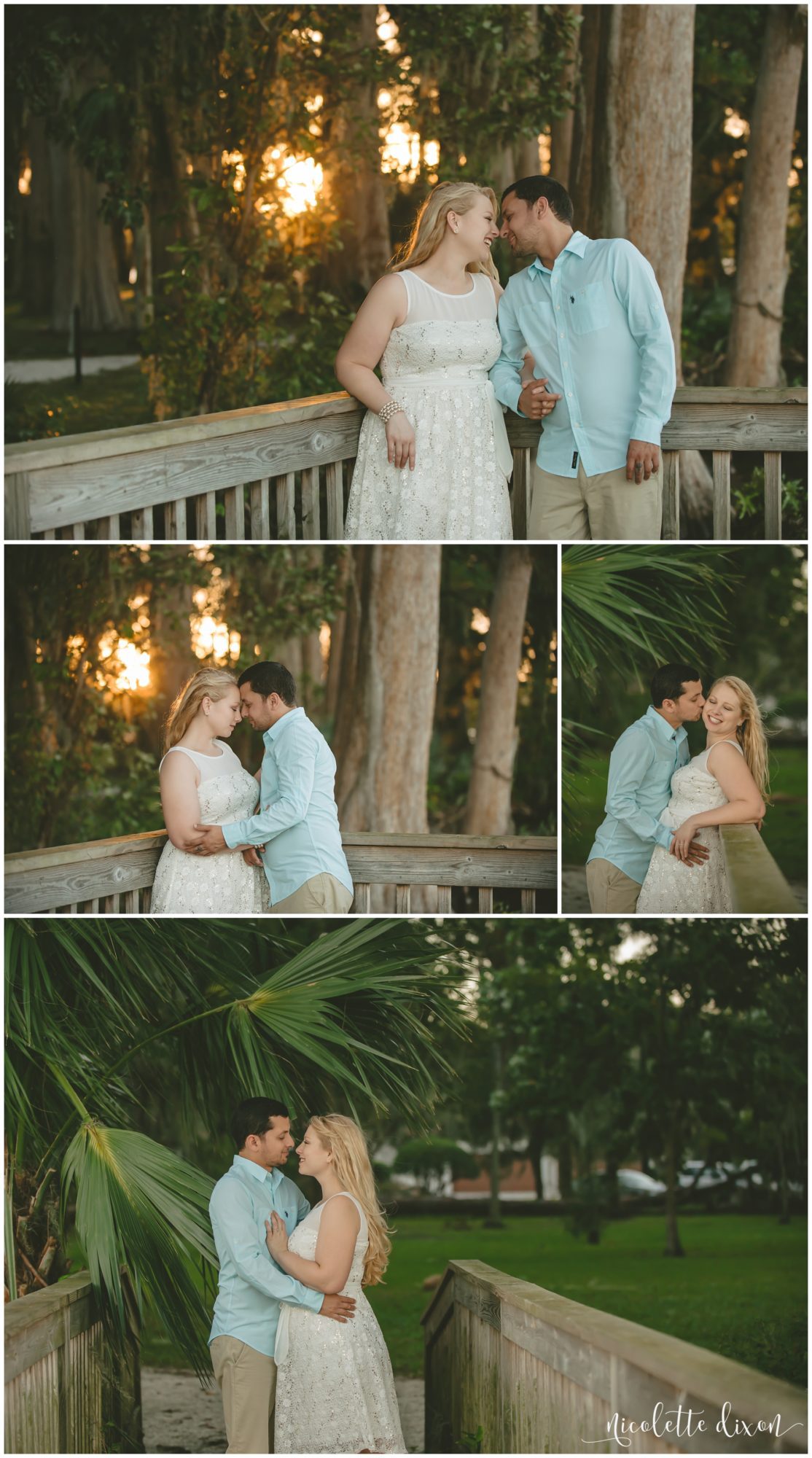 Bride and groom looking at each other with the sun setting in the background