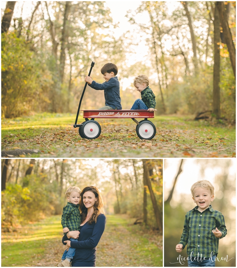 Boys playing in a wagon at Sewickley Heights Borough Park near Pittsburgh