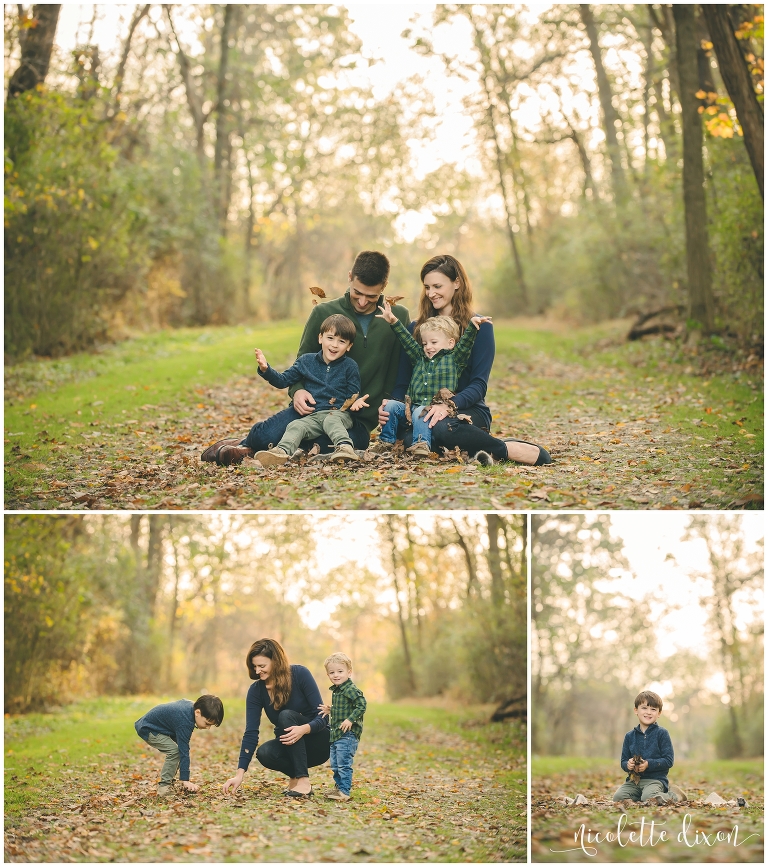 Family playing in the leaves at Sewickley Heights Borough Park near Pittsburgh