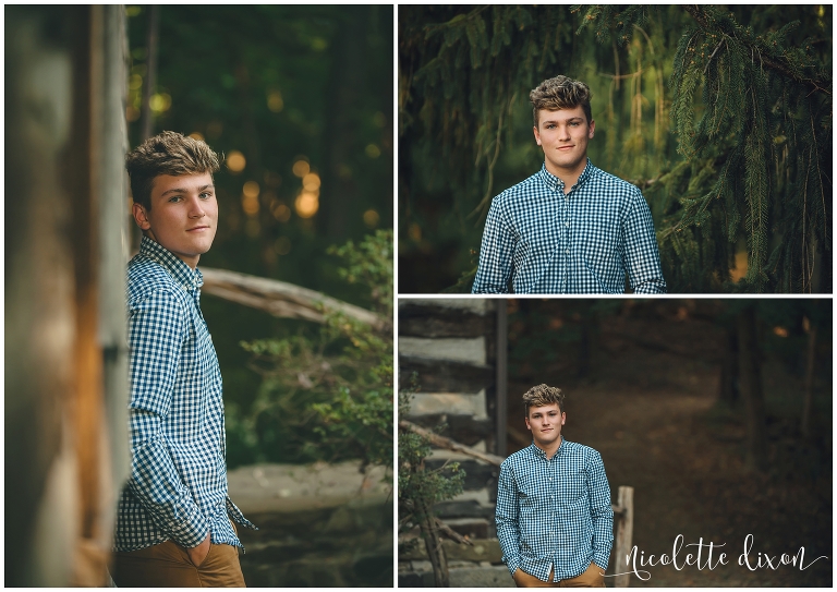 Senior boy standing next to cabin at Robin Hill Park near Pittsburgh