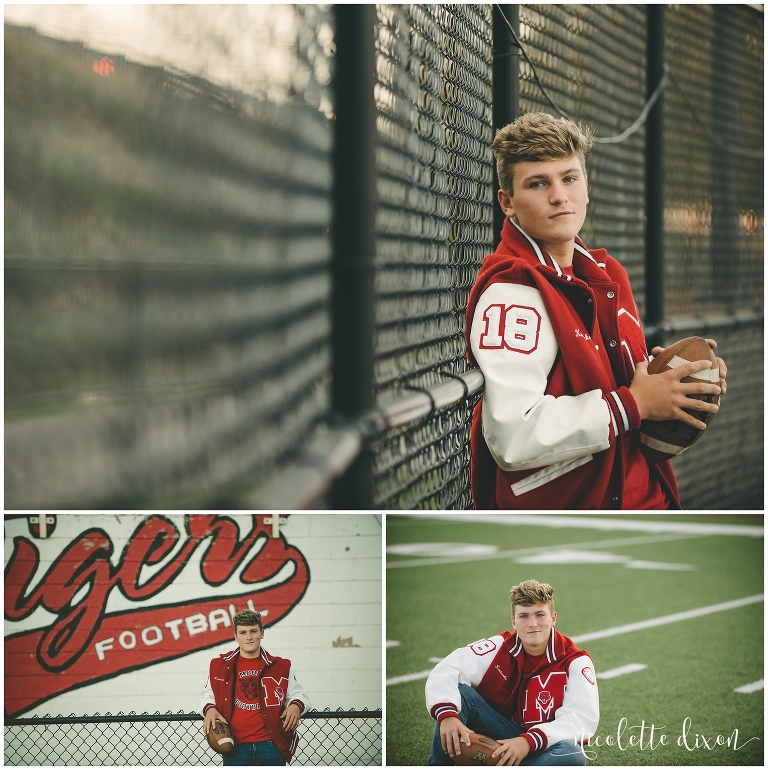 Senior boy standing by fence at Moon Area High School near Pittsburgh