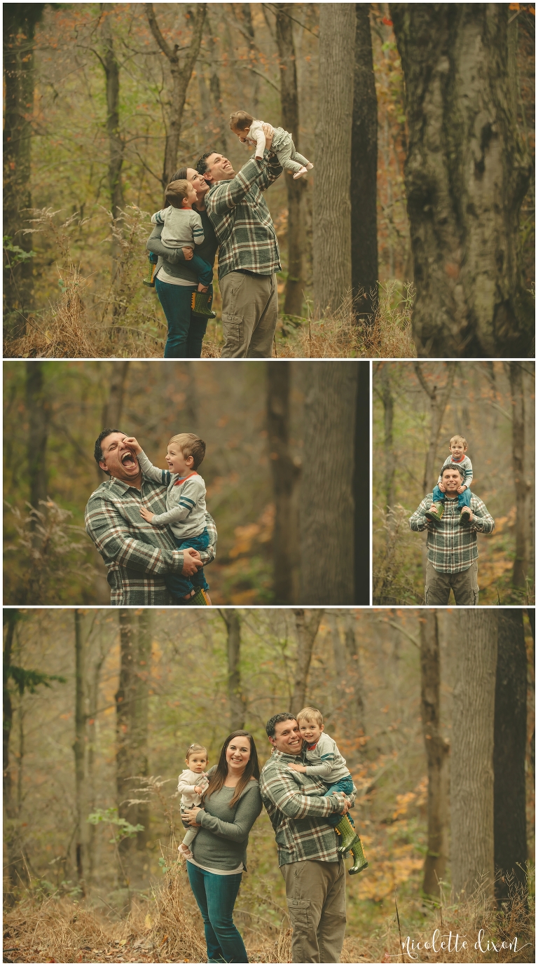 Family holding up baby girl in front of the fall foliage in Moon Township near Pittsburgh