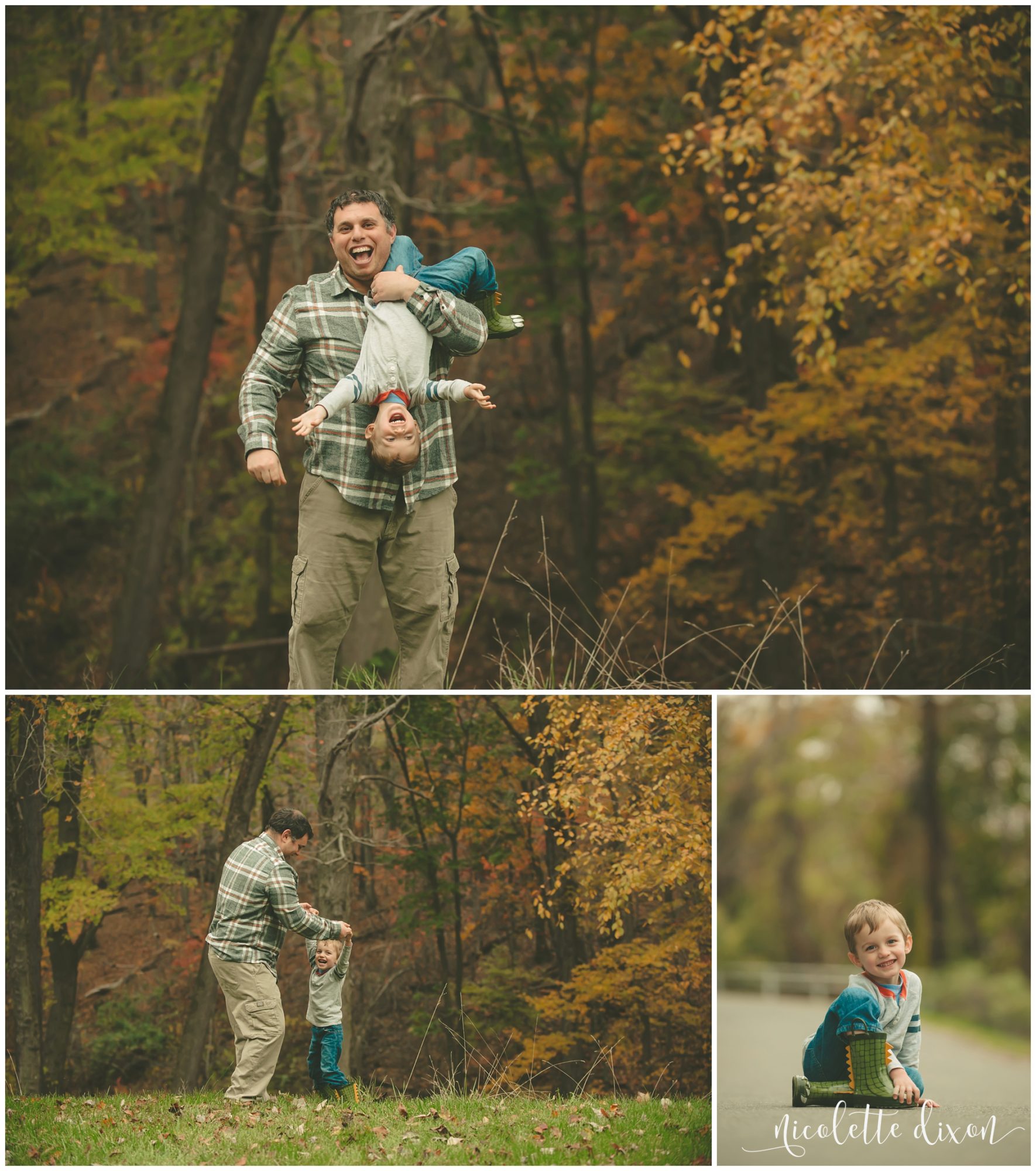 Dad holding son upside down in the fall in Moon Township Pennsylvania near Pittsburgh