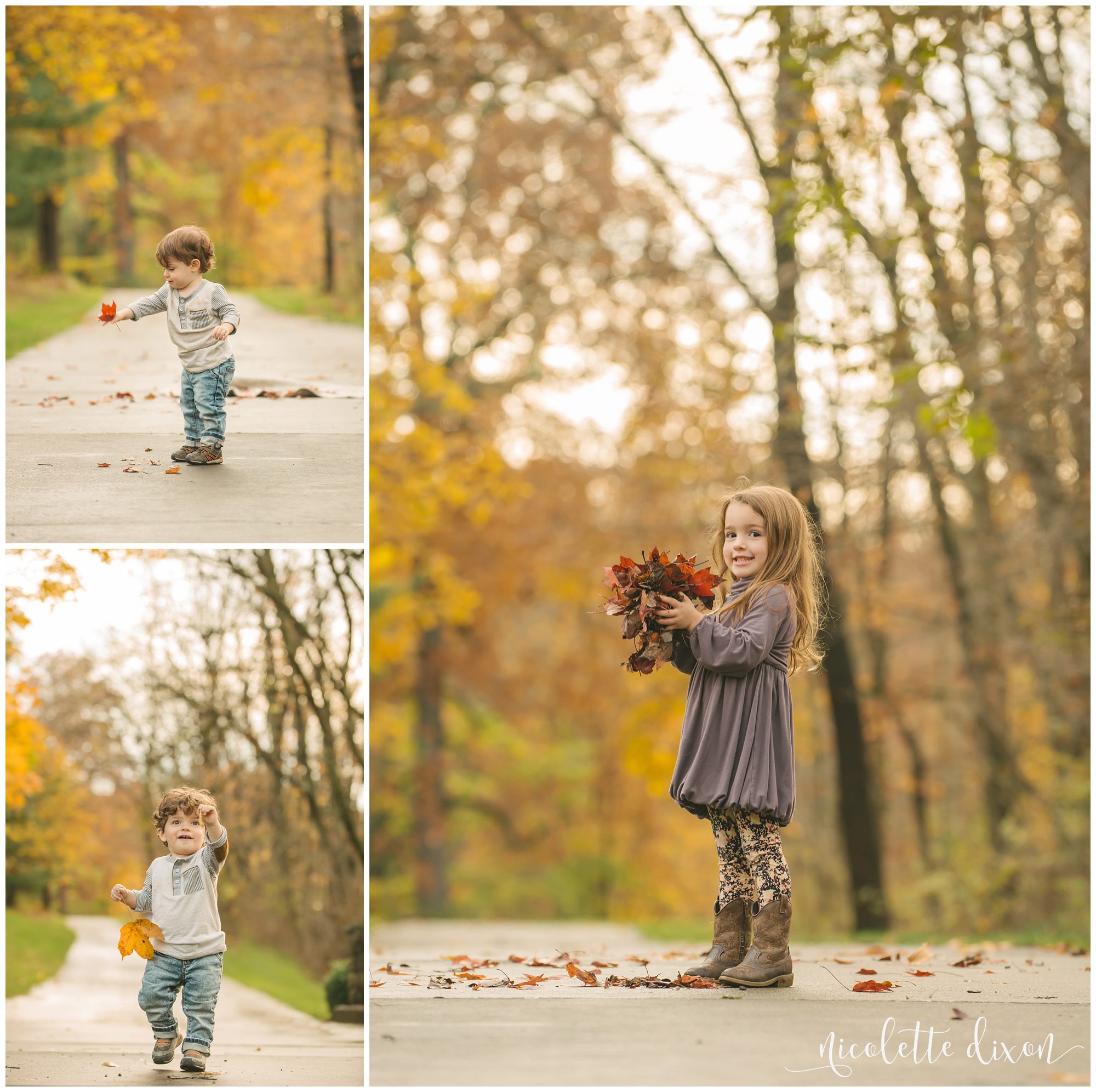Girl standing on sidewalk holding leaves in Washington Pennsylvania near Pittsburgh
