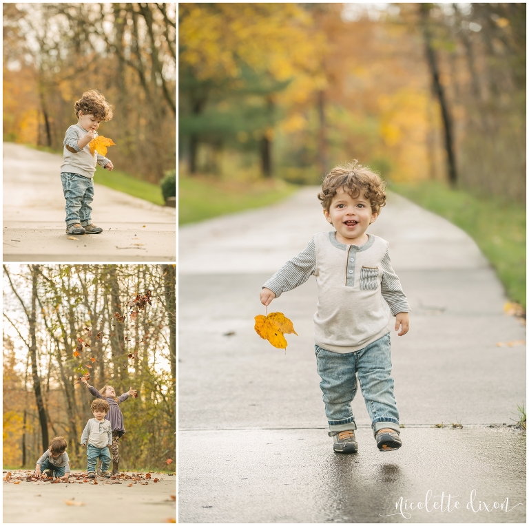 Boy walking on path holding a leaf in Washington PA near PIttsburgh