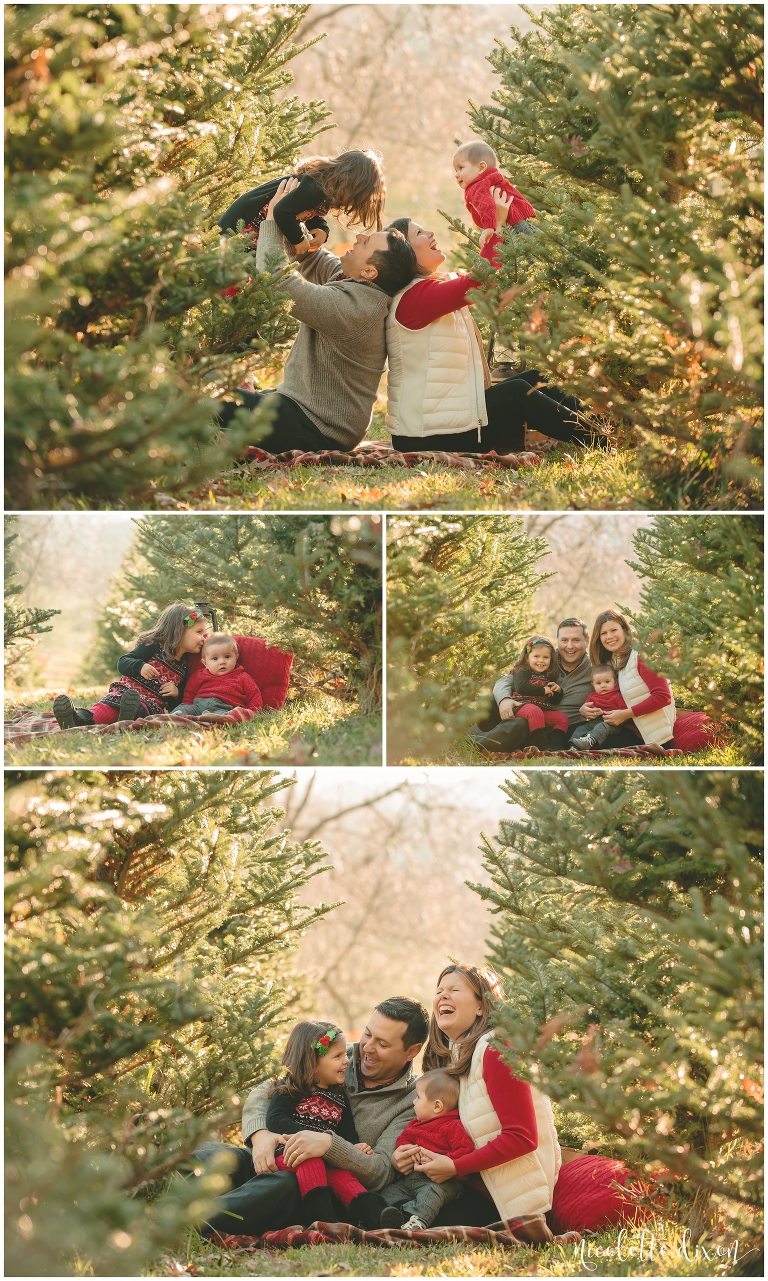 Mom and Dad holding up kids at Nutbrown's Christmas Tree Farm near PIttsburgh