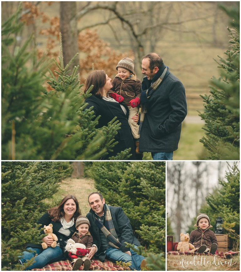 Mom and dad holding their son at Nutbrown's Christmas Tree Farm near Pittsburgh