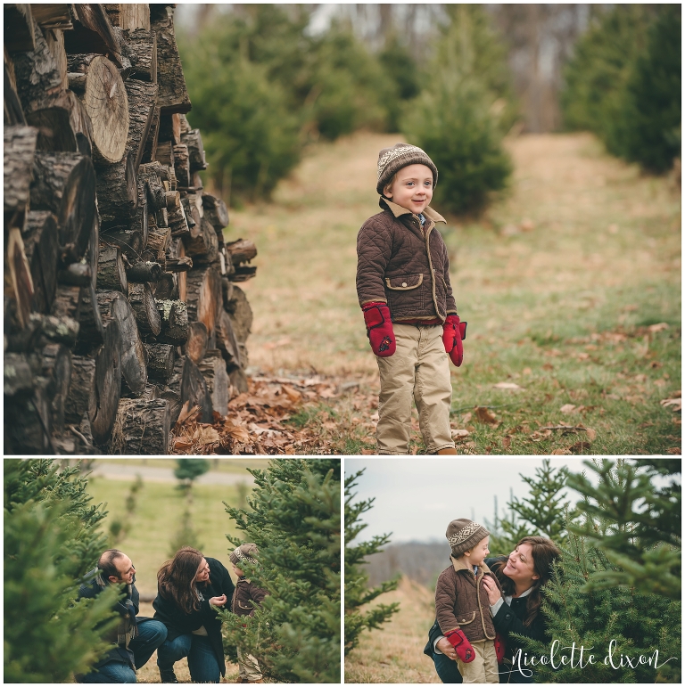 Boy standing near a pile of wood at Nutbrown's Christmas Tree Farm near Pittsburgh