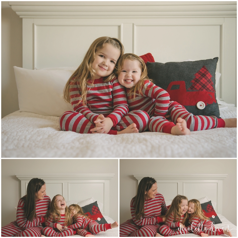 Sisters wearing matching Christmas pajamas in home in Moon Township near Pittsburgh