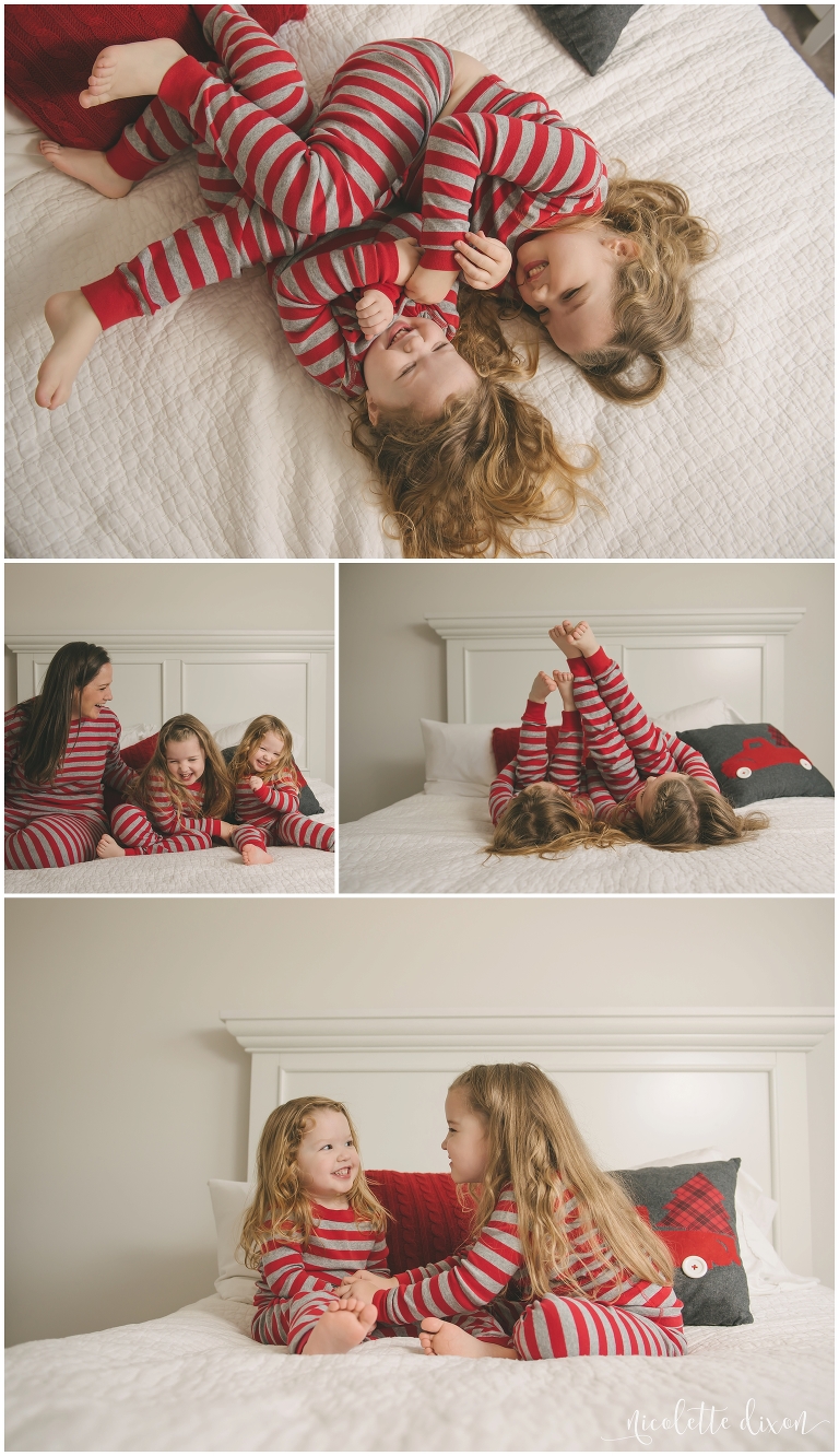 Girls wearing matching Christmas pajamas in home in Moon Township near Pittsburgh