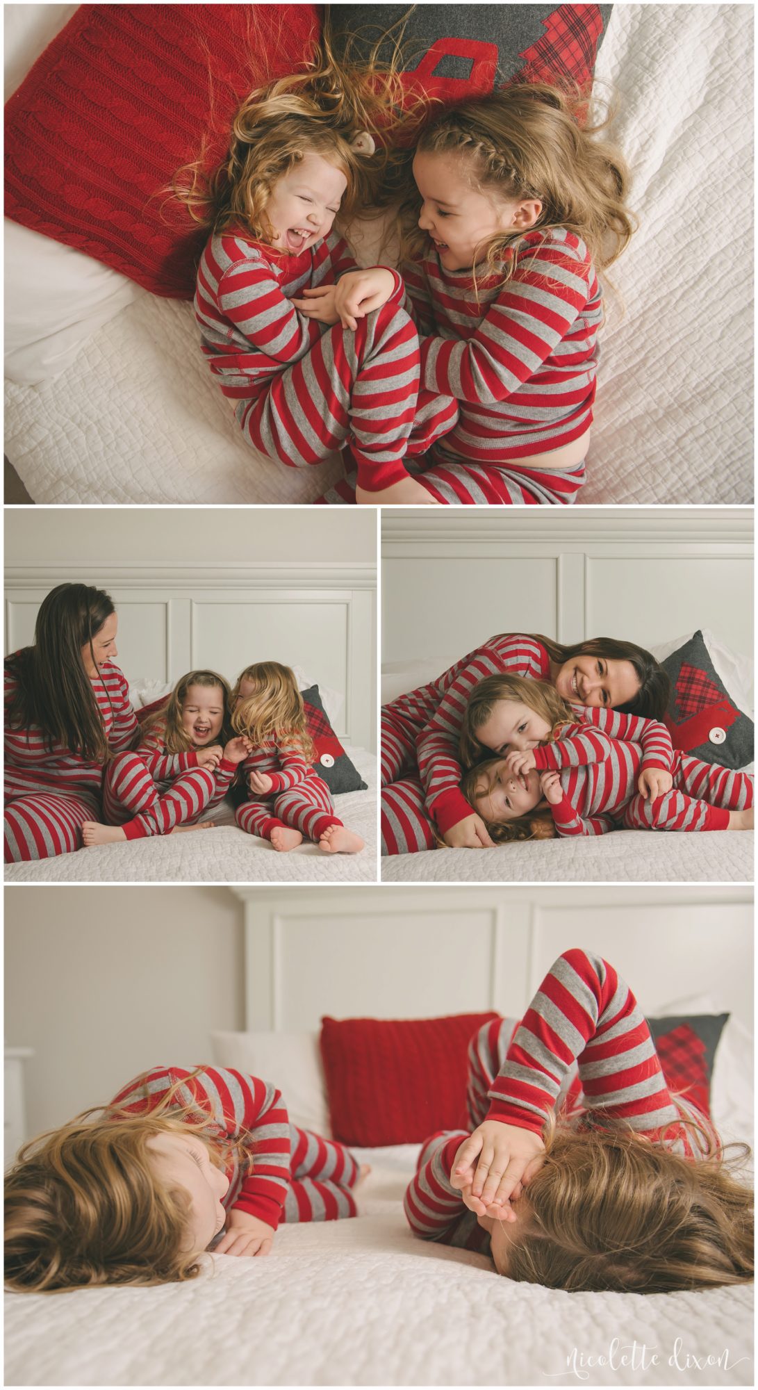 Sisters wearing matching Christmas pajamas on bed in home in Moon Township near Pittsburgh