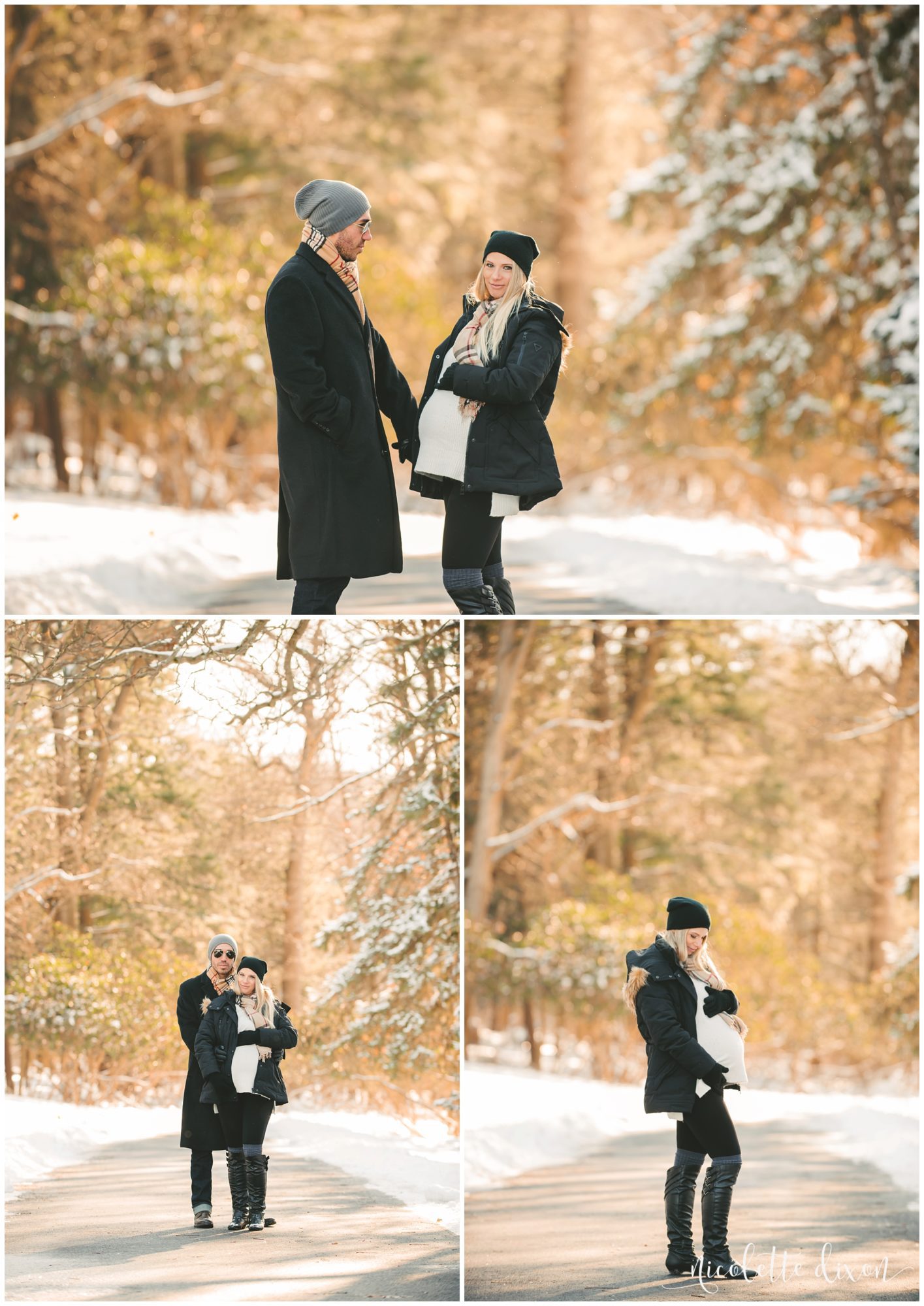 Pregnant woman standing in the street in the winter at Hartwood Acres Mansion near Pittsburgh