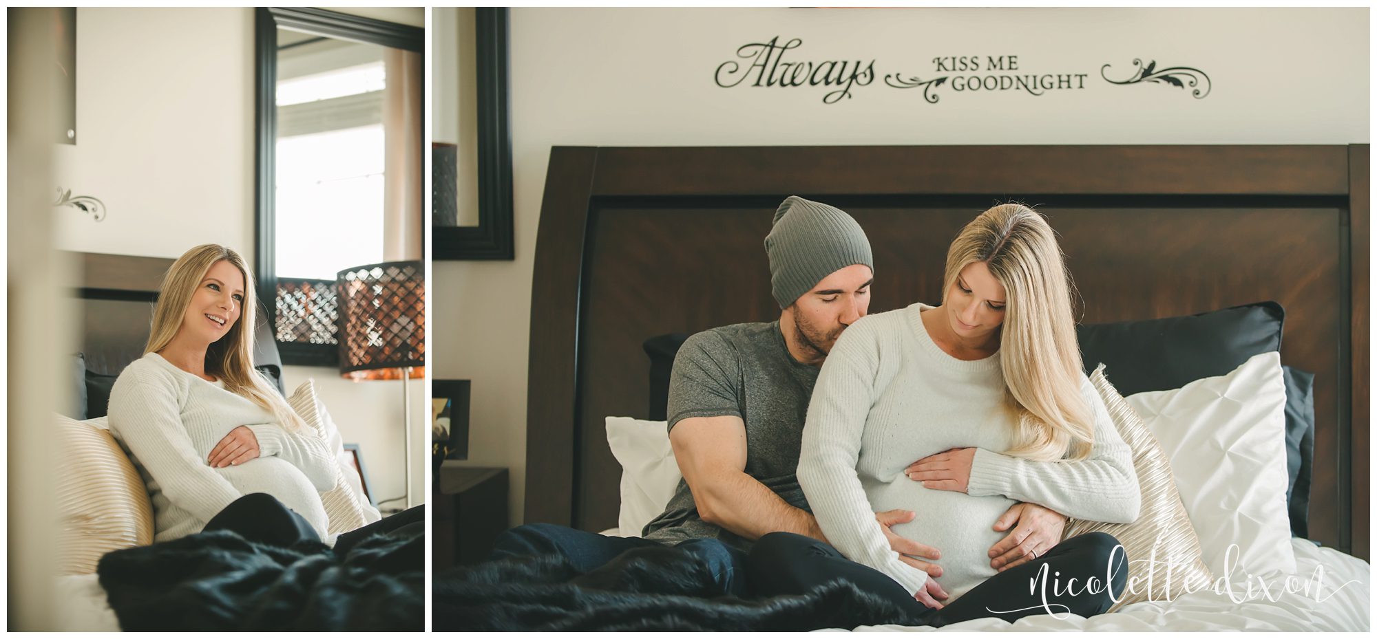 Husband and pregnant wife sitting on bed in home in Sewickley near Pittsburgh