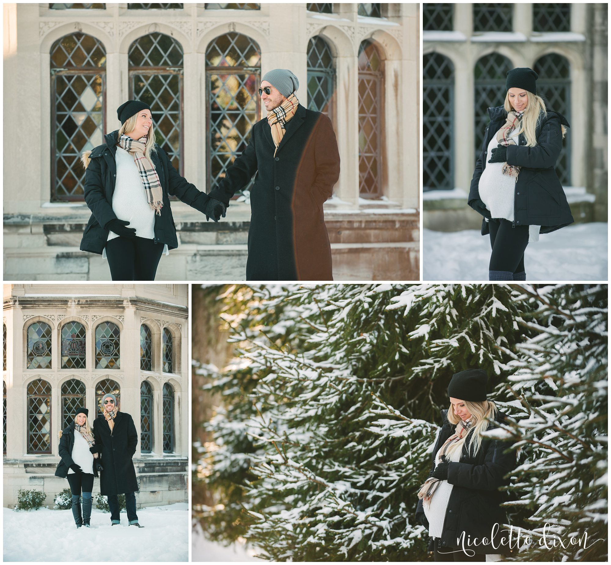Husband looking at pregnant wife in front of Hartwood Acres Mansion near Pittsburgh