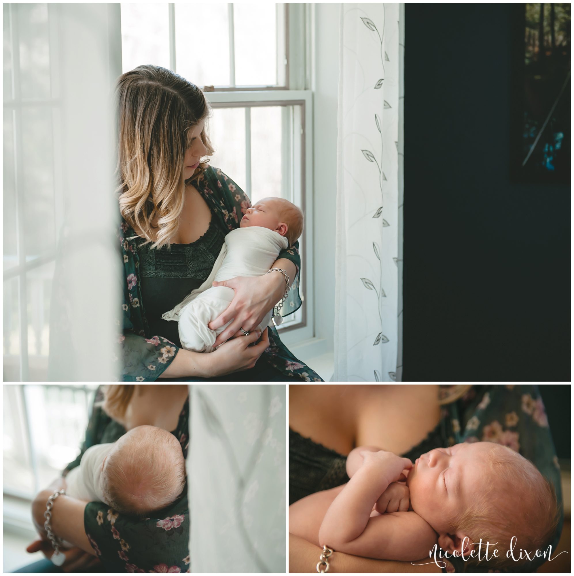 Mom holding infant baby girl in window in home in Sewickley near Pittsburgh