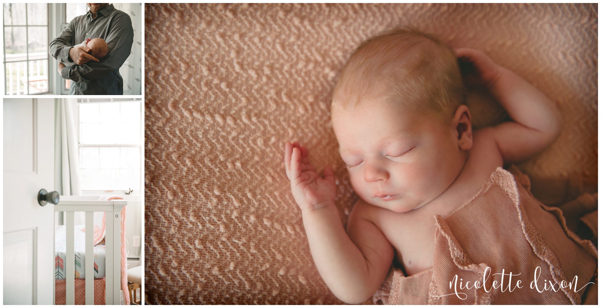 Newborn baby girl laying on pink blanket in home in Sewickley near Pittsburgh