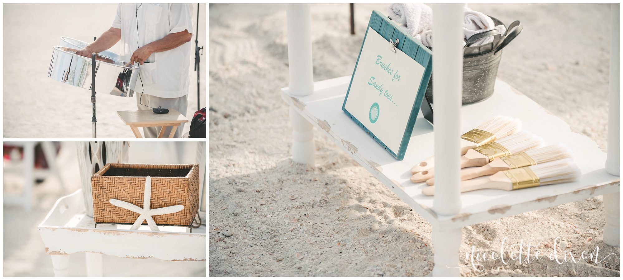 Brushes for wiping sand off feet at beach wedding