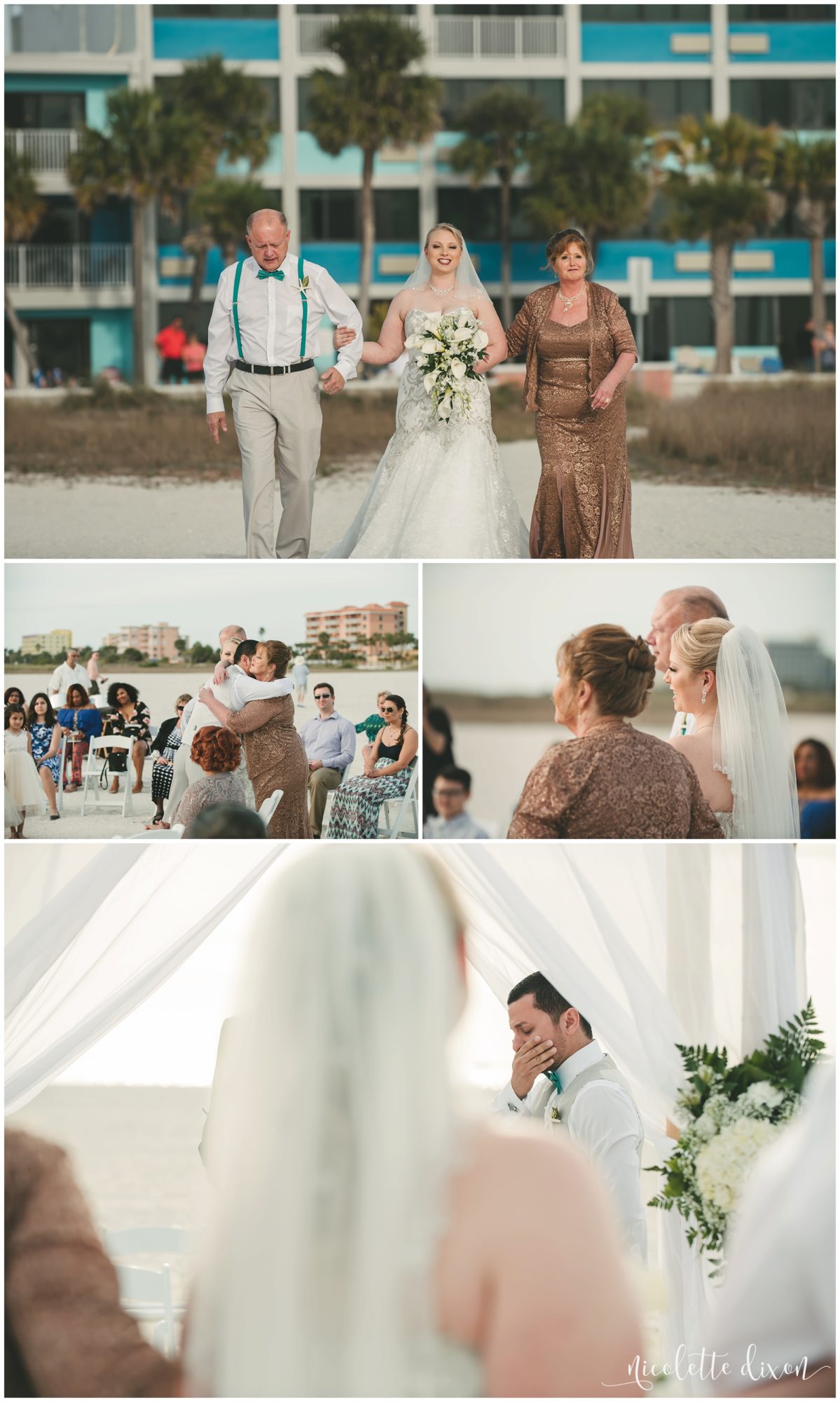 Groom crying when seeing bride for the first time at beach wedding