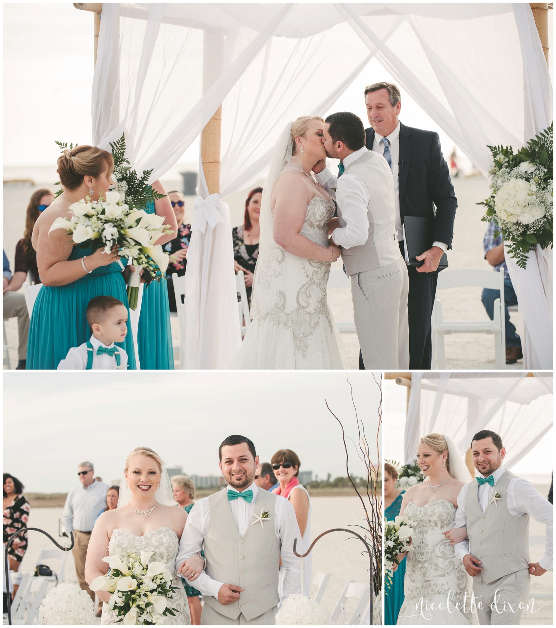 Bride and groom kissing at beach wedding