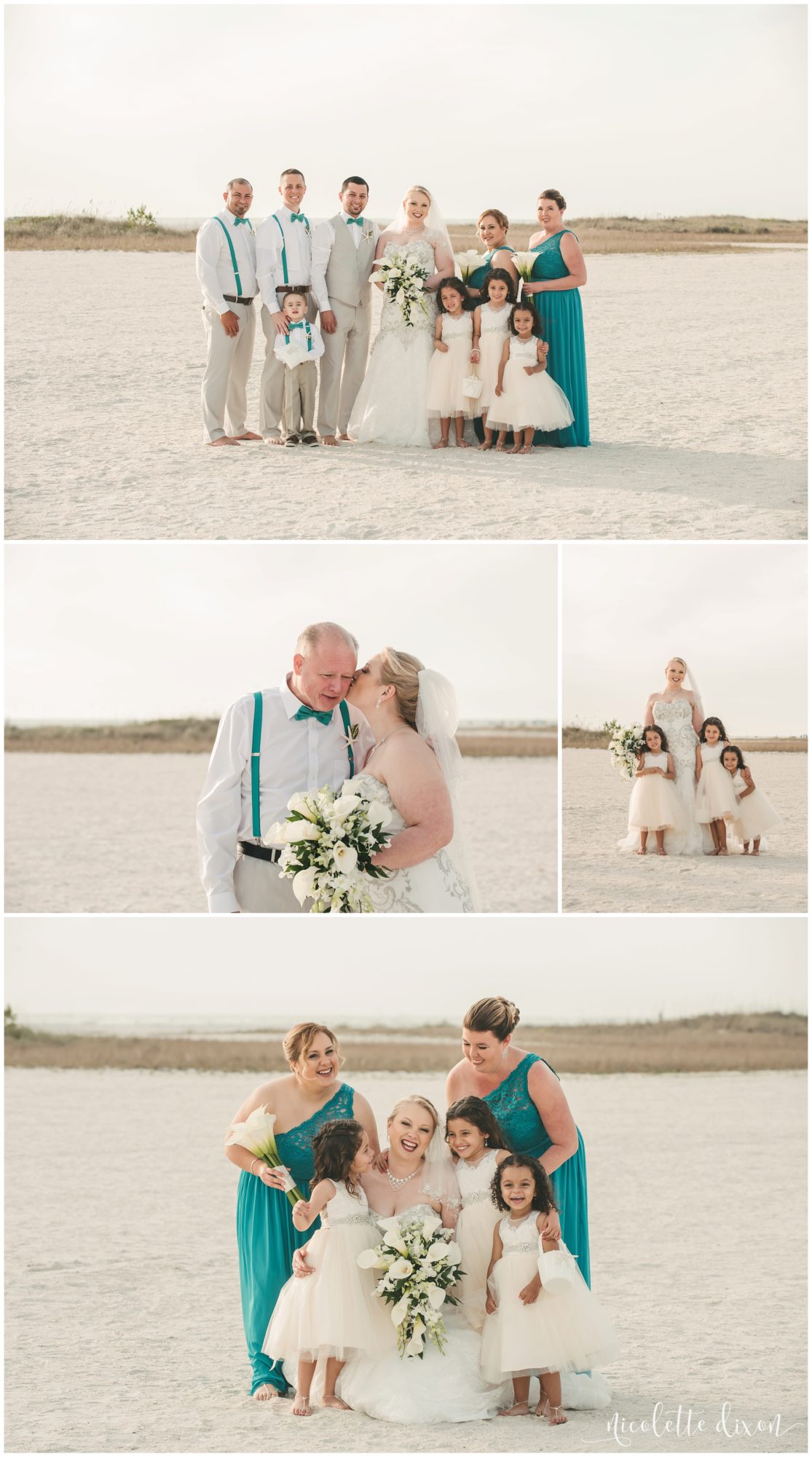 Bride kissing father on the cheek at beach wedding