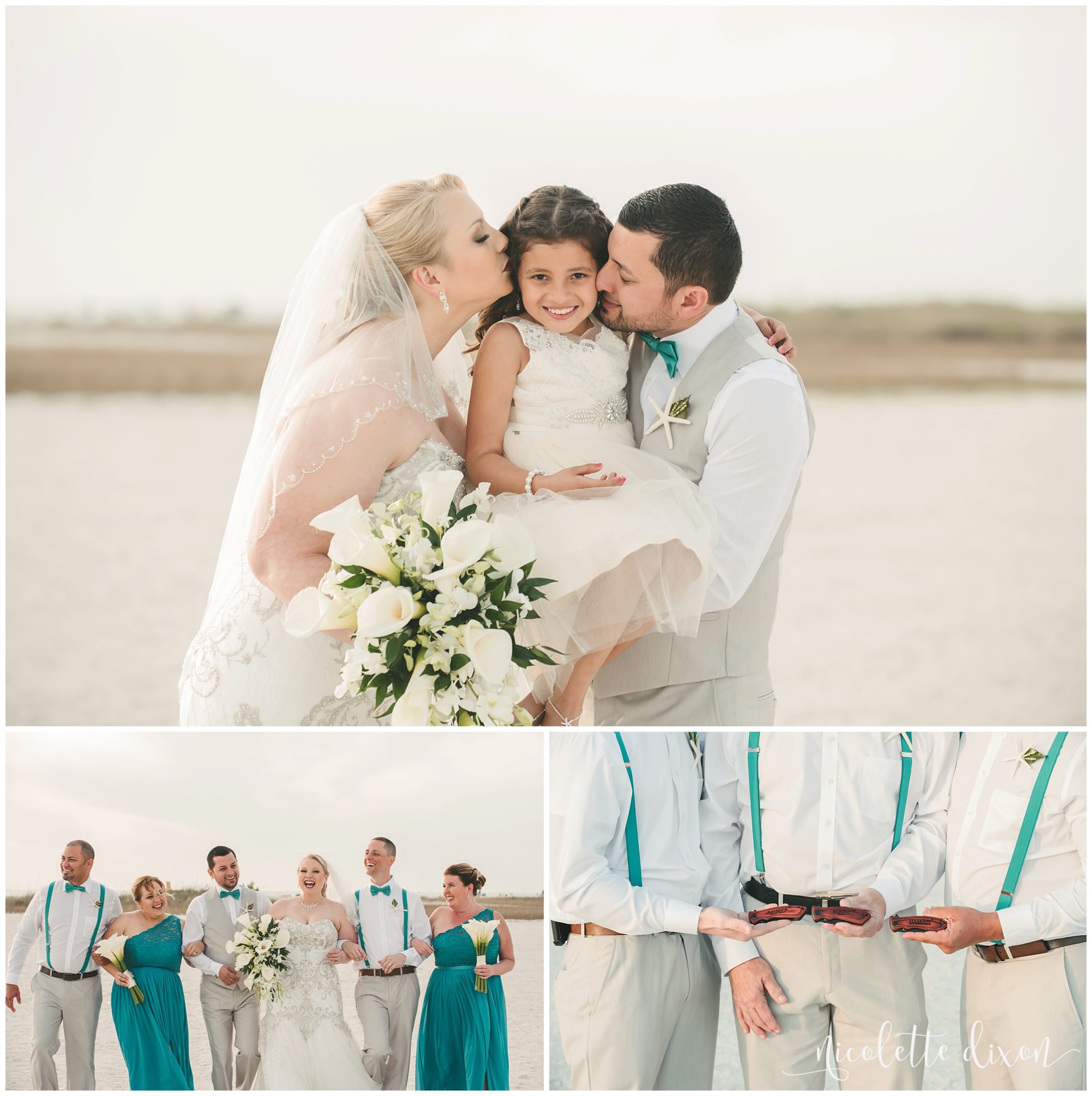 Bride and groom kissing flower girl on the cheek at beach wedding