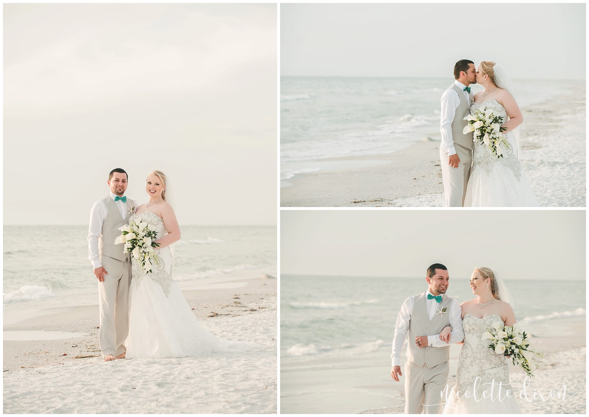 Bride and groom laughing while walking on the beach