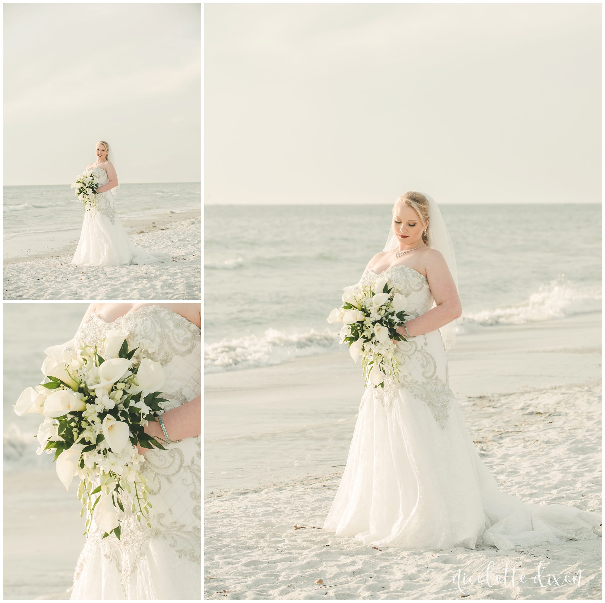 Bride holding flowers on the beach