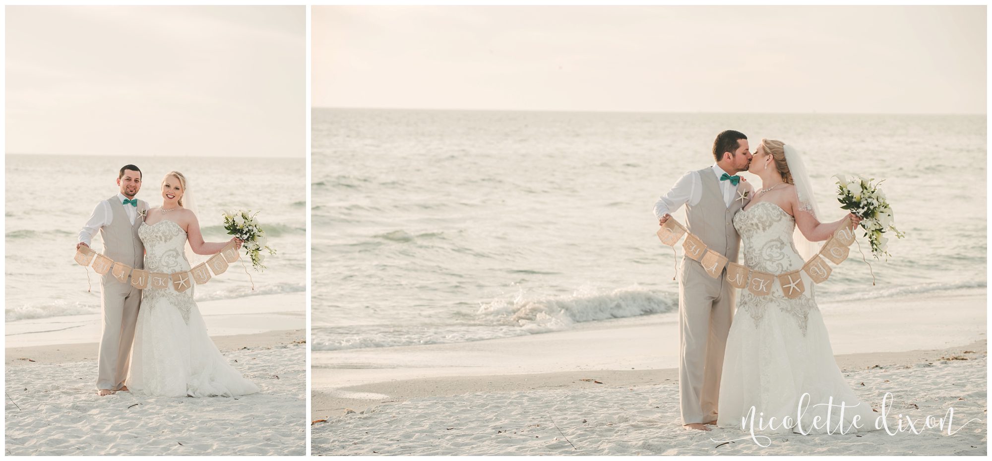 Bride and groom kissing while holding thank you sign at beach wedding