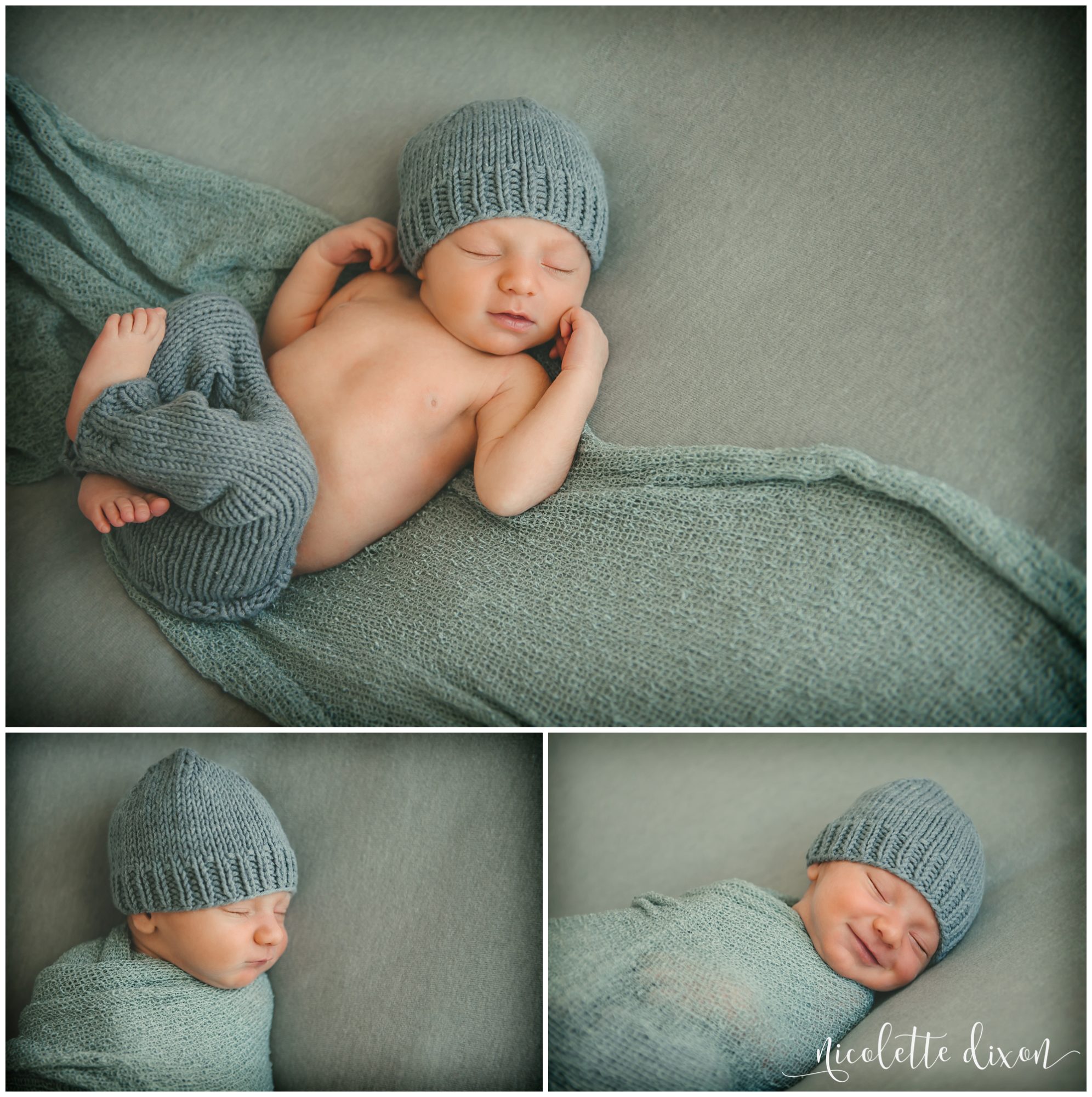 Newborn baby boy laying on gray blanket in studio in Moon Township near Pittsburgh